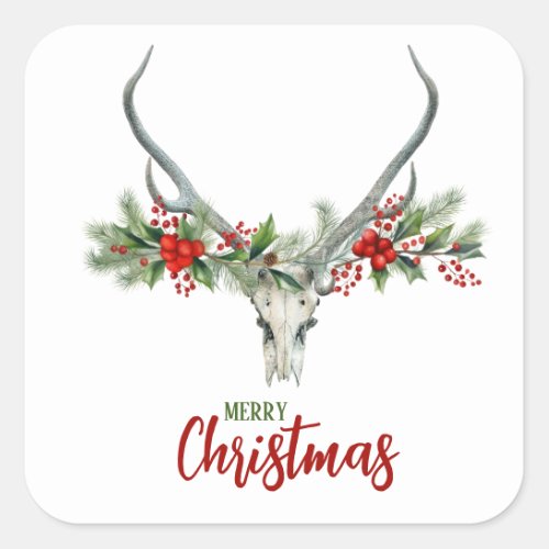 Rustic Country Reindeer Skull  Garland Christmas Square Sticker