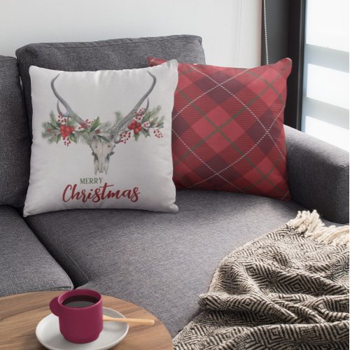 Rustic Country Reindeer Skull Plaid Christmas Throw Pillow