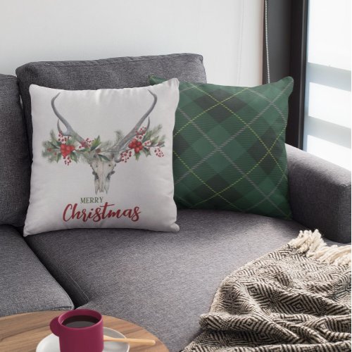 Rustic Country Reindeer Skull Plaid Christmas Throw Pillow