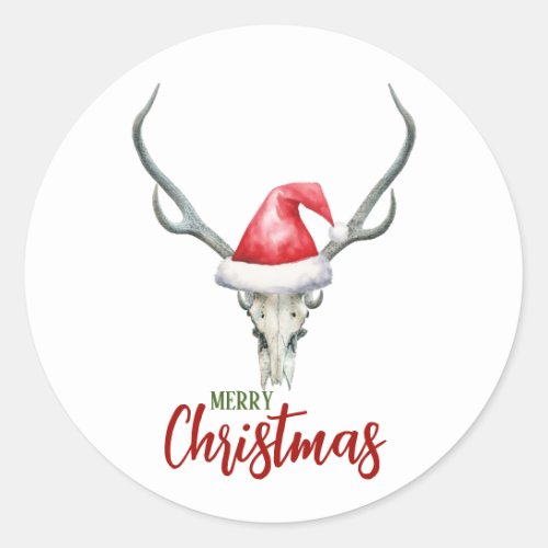 Rustic Country Reindeer Skull  Santa Ha Christmas Classic Round Sticker