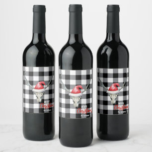 Rustic Country Reindeer Skull & Santa Ha Christmas Wine Label