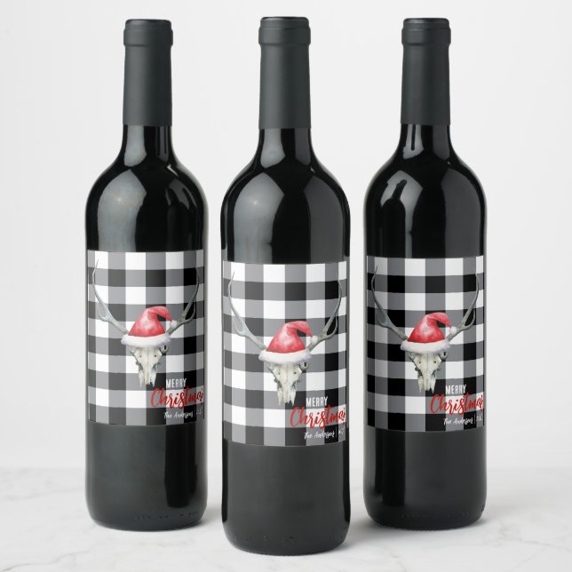 Rustic Country Reindeer Skull & Santa Ha Christmas Wine Label (Bottles)