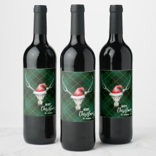 Rustic Country Reindeer Skull & Santa Ha Christmas Wine Label