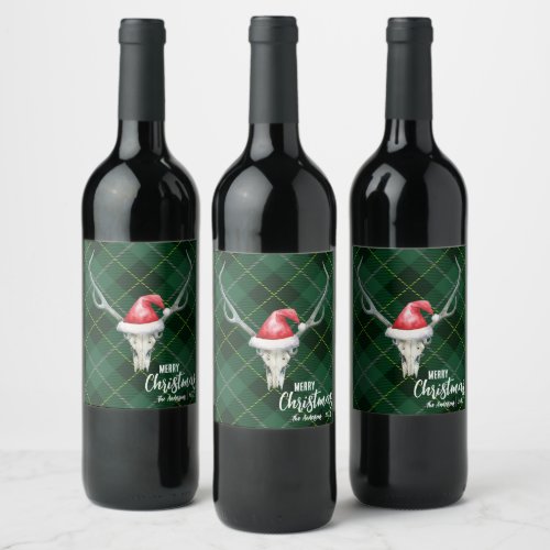 Rustic Country Reindeer Skull  Santa Ha Christmas Wine Label