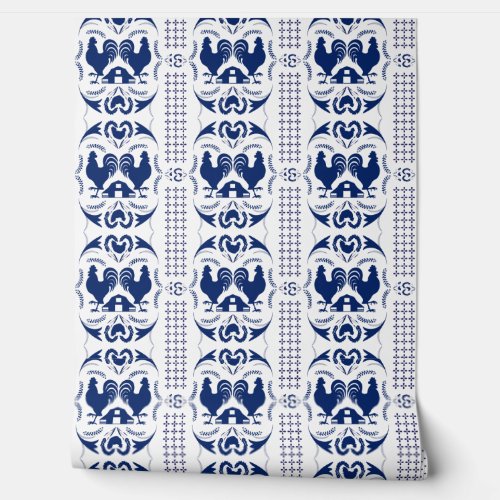 Rustic Country Rooster and Barn Pattern Blue White Wallpaper