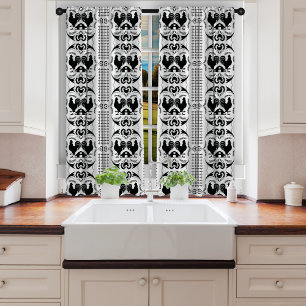 Rustic Country Rooster and Barn Pattern -- BW Sheer Curtains