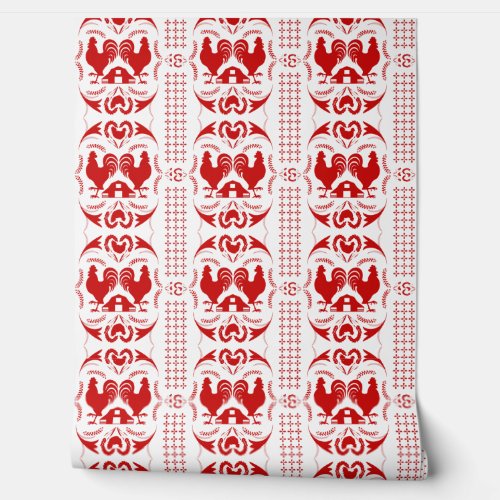 Rustic Country Rooster and Barn Pattern Red White Wallpaper
