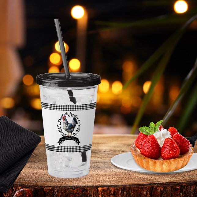 Rustic Country Rooster Chicken BW Gingham Checks Acrylic Tumbler (Rustic Country Rooster Chicken Black and White Gingham Checks Farm Family Name Acrylic Tumbler)