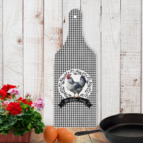 Rustic Country Rooster Chicken BW Gingham Checks Cutting Board