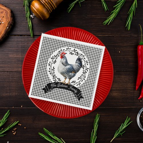 Rustic Country Rooster Chicken BW Gingham Checks Napkins