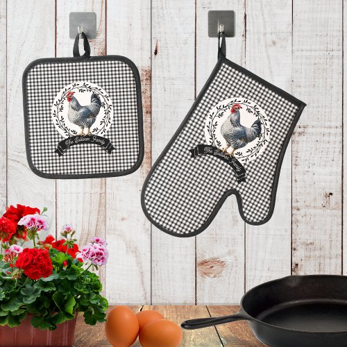 Rustic Country Rooster Chicken BW Gingham Checks Oven Mitt  Pot Holder Set