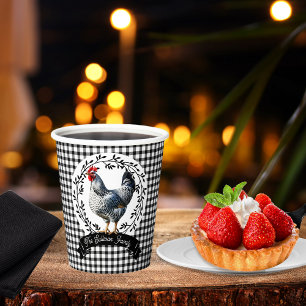 Rustic Country Rooster Chicken BW Gingham Checks Paper Cups
