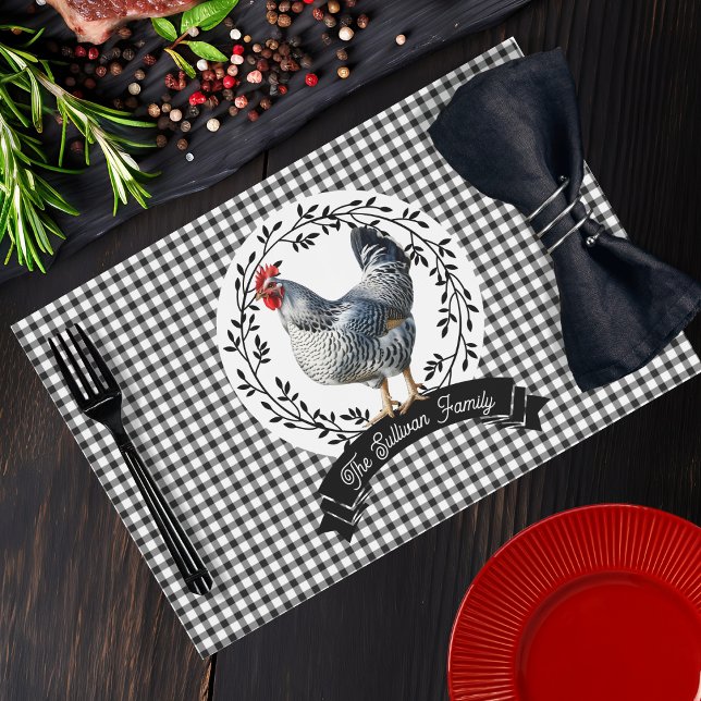 Rustic Country Rooster Chicken BW Gingham Checks Placemat (Rustic Country Rooster Chicken Black and White Gingham Checks Family Name Script Text Placemats)