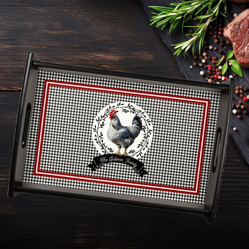Rustic Country Rooster Chicken BW Gingham Checks Serving Tray