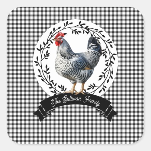 Rustic Country Rooster Chicken BW Gingham Checks Square Sticker