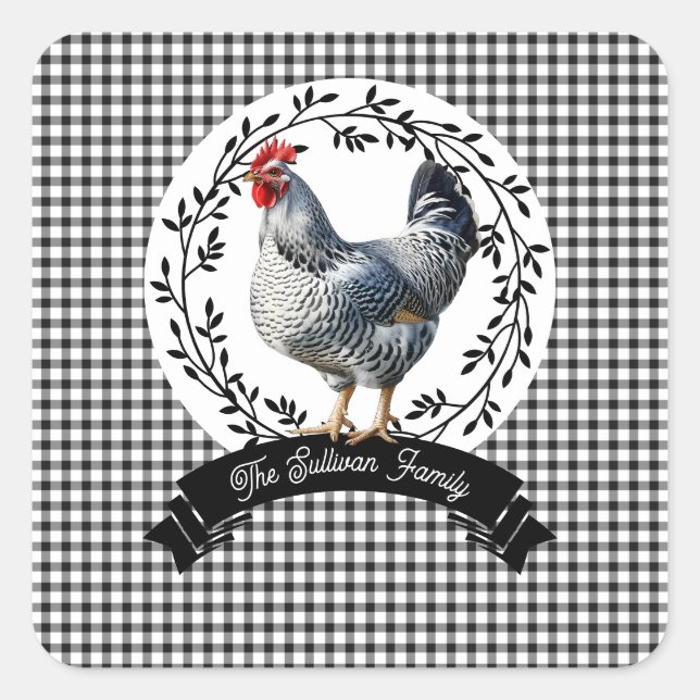 Rustic Country Rooster Chicken BW Gingham Checks Square Sticker (Front)