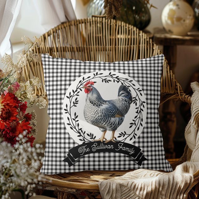 Rustic Country Rooster Chicken BW Gingham Checks Throw Pillow (Rustic Country Rooster Chicken Black and White Gingham Checks Farm Family Name Throw Pillow)