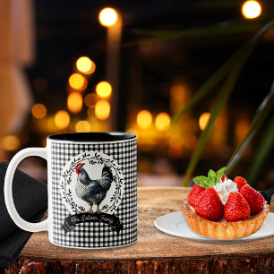 Rustic Country Rooster Chicken BW Gingham Checks Two-Tone Coffee Mug