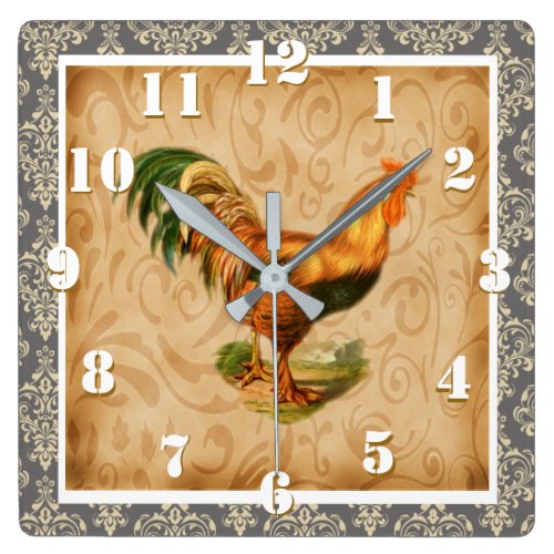 Rustic Country Rooster Elegant Damask Ornate Square Wall Clock