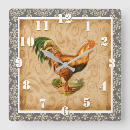 Rustic Country Rooster Elegant Damask Ornate Square Wall Clock