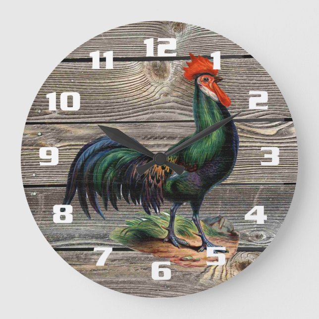 Rustic Country Rooster Kitchen Large Clock (Front)