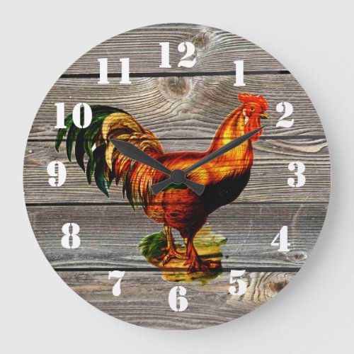 Rustic Country Rooster Kitchen Large Clock