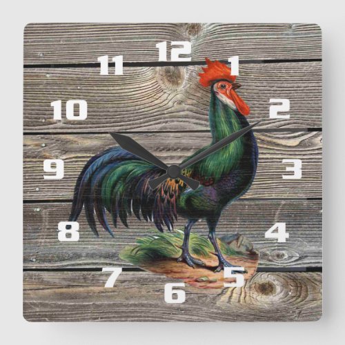 Rustic Country Rooster Kitchen Square Wall Clock