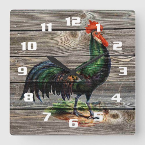 Rustic Country Rooster Kitchen Square Wall Clock