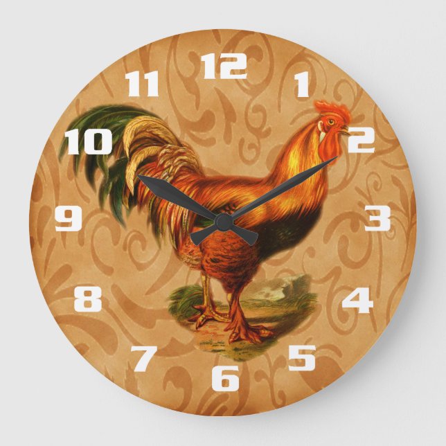 Rustic Country Rooster Ornate Kitchen Large Clock (Front)