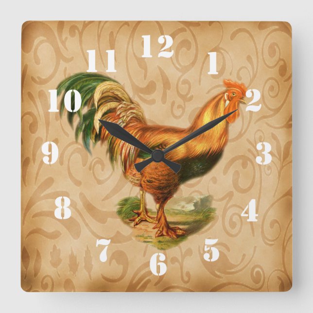 Rustic Country Rooster Ornate Kitchen Square Wall Clock (Front)