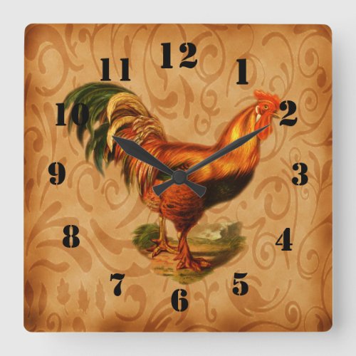 Rustic Country Rooster Ornate Square Wall Clock