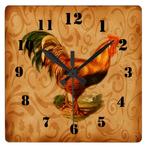 Rustic Country Rooster Ornate Square Wallclocks