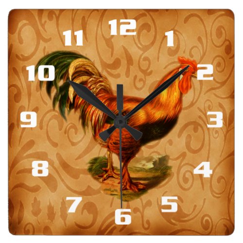 Rustic Country Rooster Square Wallclock