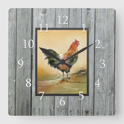 Rustic Country Rooster Wood Square Wall Clock