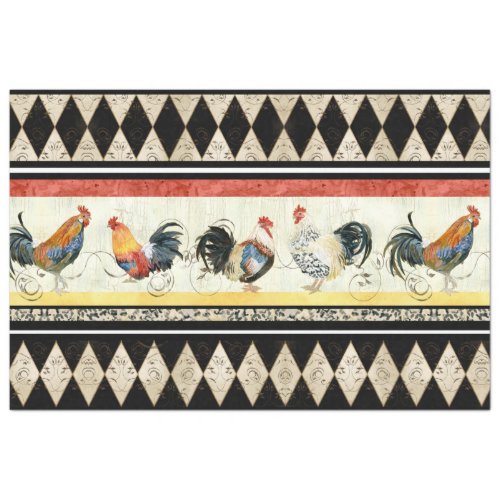 Rustic Country Roosters Harlequin Black and Tan Tissue Paper