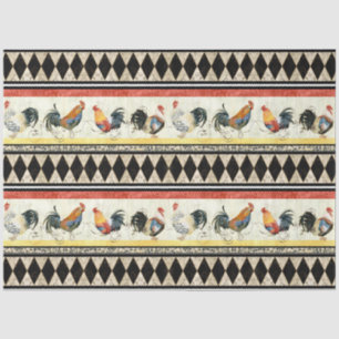 Rustic Country Roosters Harlequin Black Decoupage Tissue Paper
