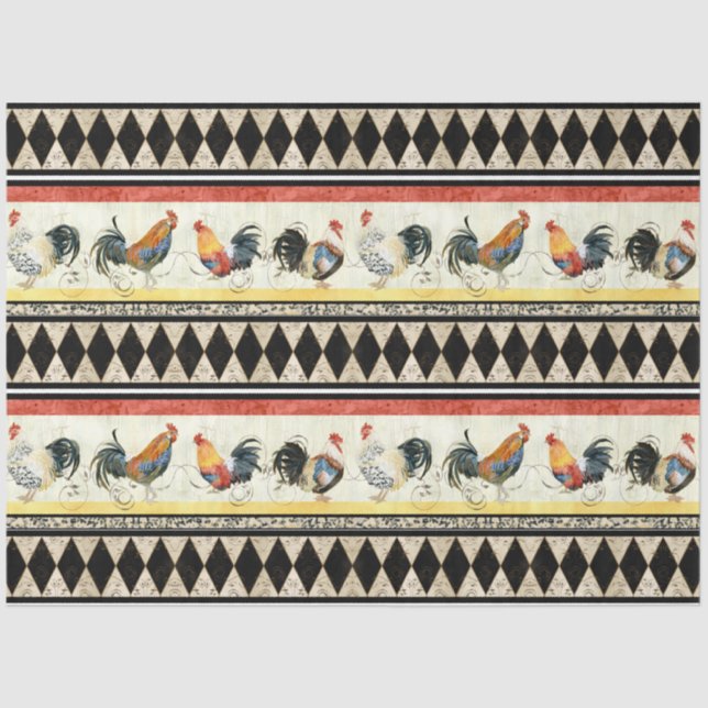 Rustic Country Roosters Harlequin Black Decoupage Tissue Paper (Front)