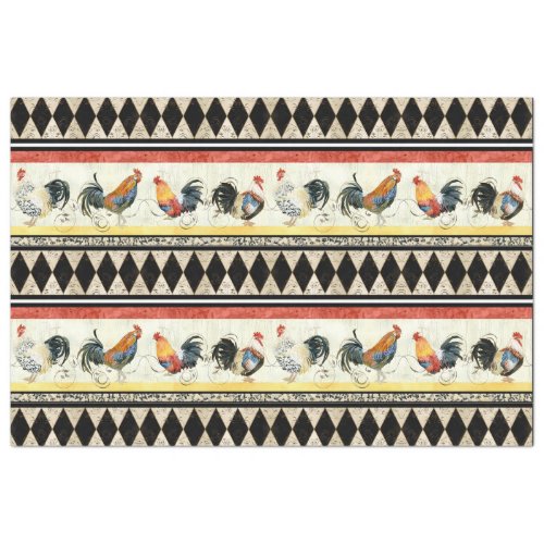 Rustic Country Roosters Harlequin Black Decoupage Tissue Paper
