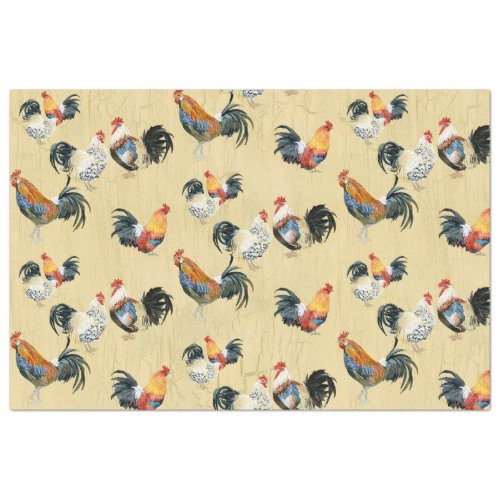 Rustic Country Roosters Watercolor Gold Decoupage Tissue Paper