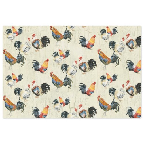 Rustic Country Roosters Watercolor Wood Decoupage Tissue Paper