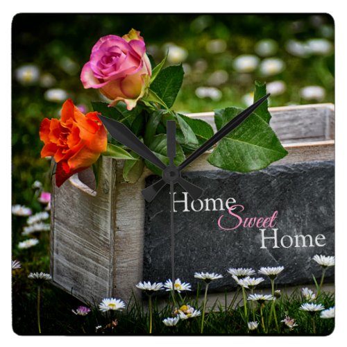 Rustic Country Roses, Home Sweet Home Square Wall Clock