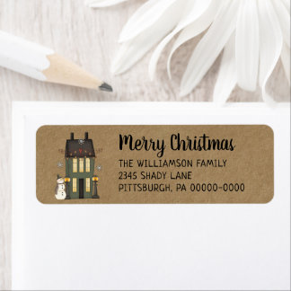 Rustic Country Saltbox House & Snowman Label