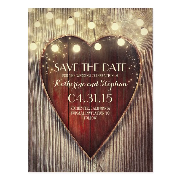Rustic Country Save The Date & Carved Heart Lights Postcard