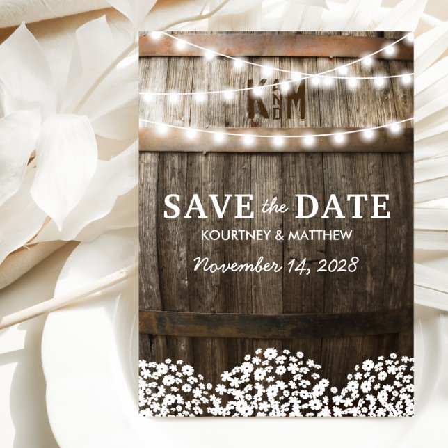 Rustic Country Save the Date | String of Lights Announcement Postcard