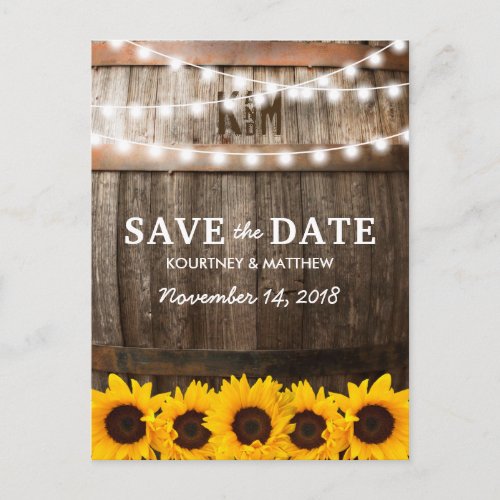 Rustic Country Save the Date | Sunflower Lights Announcement Postcard - SUNFLOWER VINEYARD SAVE THE DATE POSTCARDS | Country barn dark oak barrel background, twinkle string lights, golden yellow sunflowers, your monogram and a save the date template. Find other wood save the date cards at http://www.zazzle.com/special_stationery