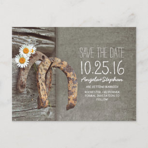 Rustic country save the date with old horseshoe announcement postcard