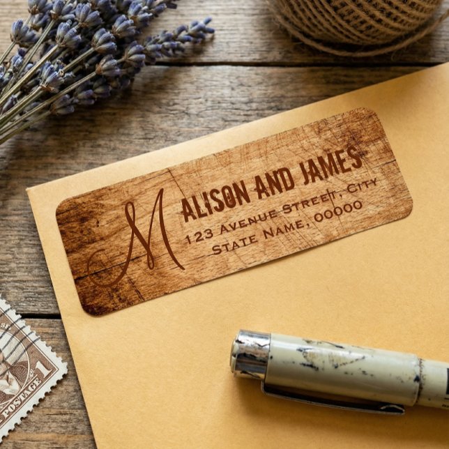 Rustic Country Scratched Wood Monogram Wedding Label (Creator Uploaded)