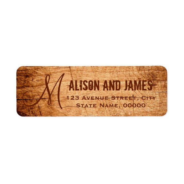 Rustic Country Scratched Wood Monogram Wedding Label (Front)