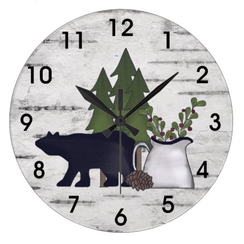 Rustic Country Silhouette Bear and Trees on Birch Large Clock