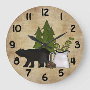 Rustic Country Silhouette Bear Charming Mountain Large Clock